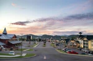 View facing the Parkway in Sevierville with the Lodge at Five Oaks on the right, Five Oaks Farm Kitchen on the left, and Tanger Outlets across the Parkway